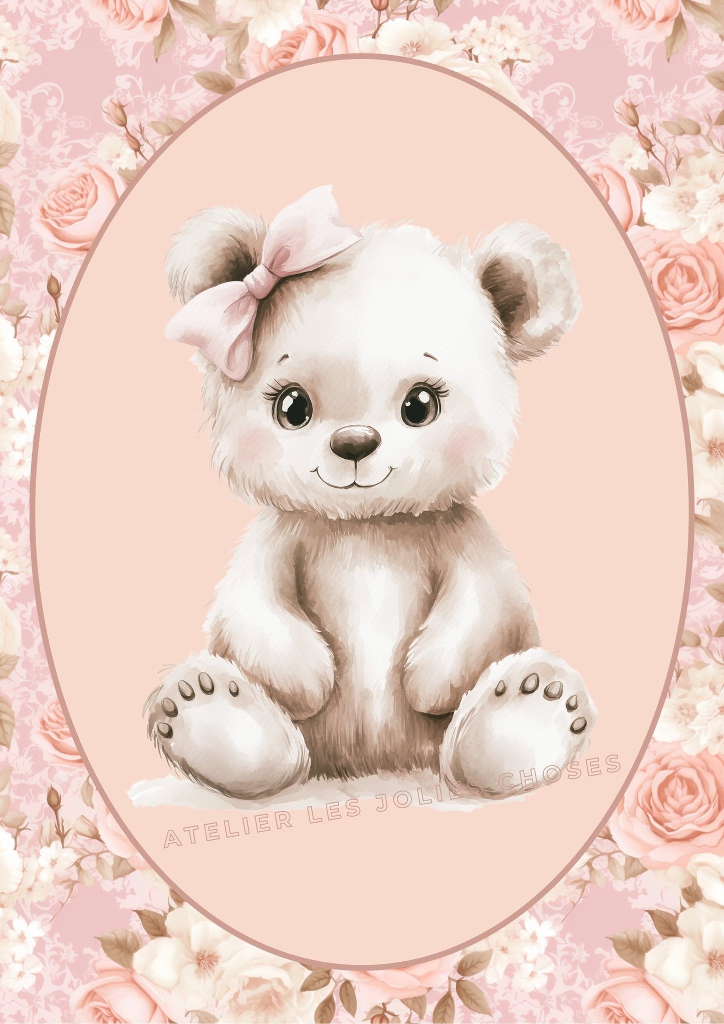 Affiche  Bébé Ours & Motif Fleurs  décoration murale chambre bébé enfant.