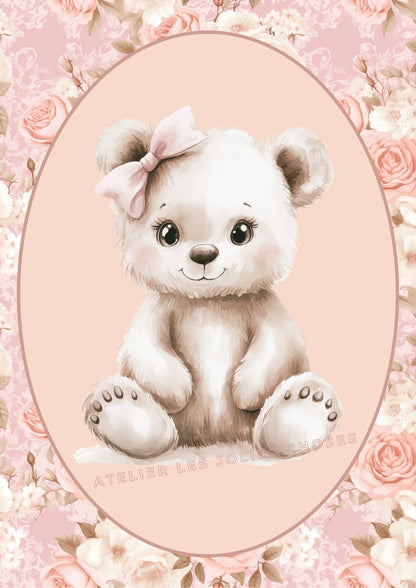Affiche  Bébé Ours & Motif Fleurs  décoration murale chambre bébé enfant.