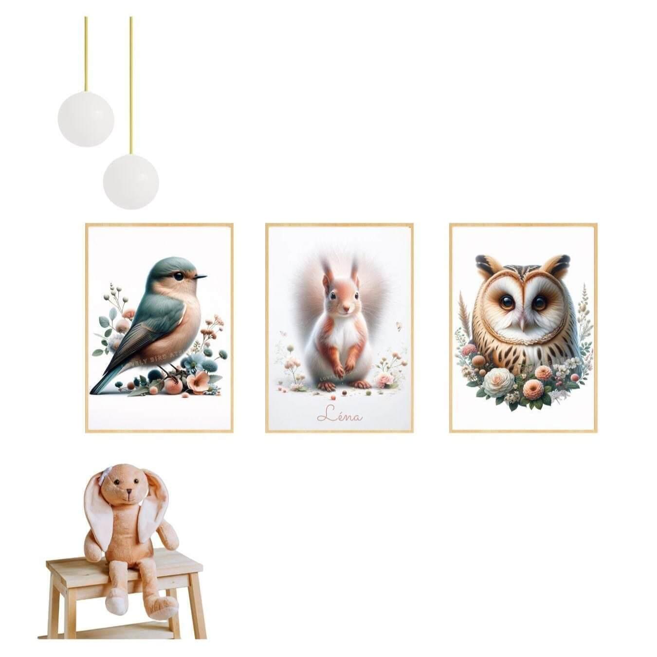 Tableau Hibou  & Fleurs  décoration murale chambre bébé enfant.