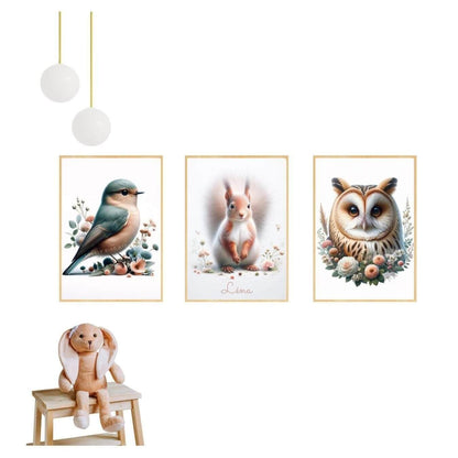 Tableau Hibou  & Fleurs  décoration murale chambre bébé enfant.