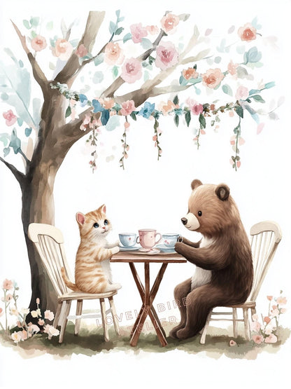 Affiche Ours & Chat Tea Time  décoration murale chambre bébé enfant.
