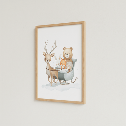 Affiche - Le Traîneau des Copains de la Forêt  décoration murale chambre bébé enfant.