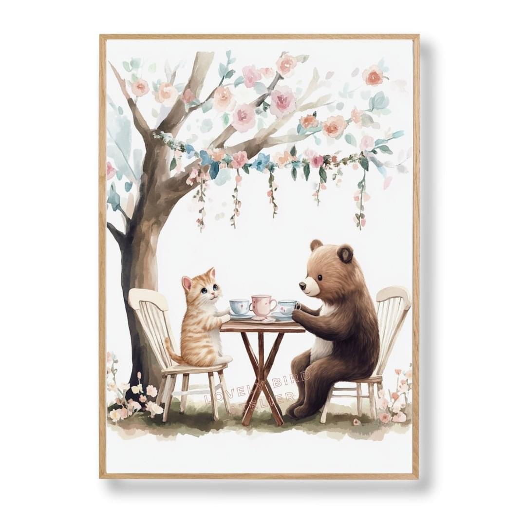 Affiche Ours & Chat Tea Time  décoration murale chambre bébé enfant.