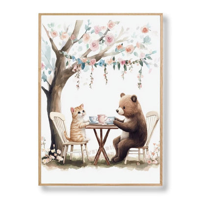 Affiche Ours & Chat Tea Time  décoration murale chambre bébé enfant.