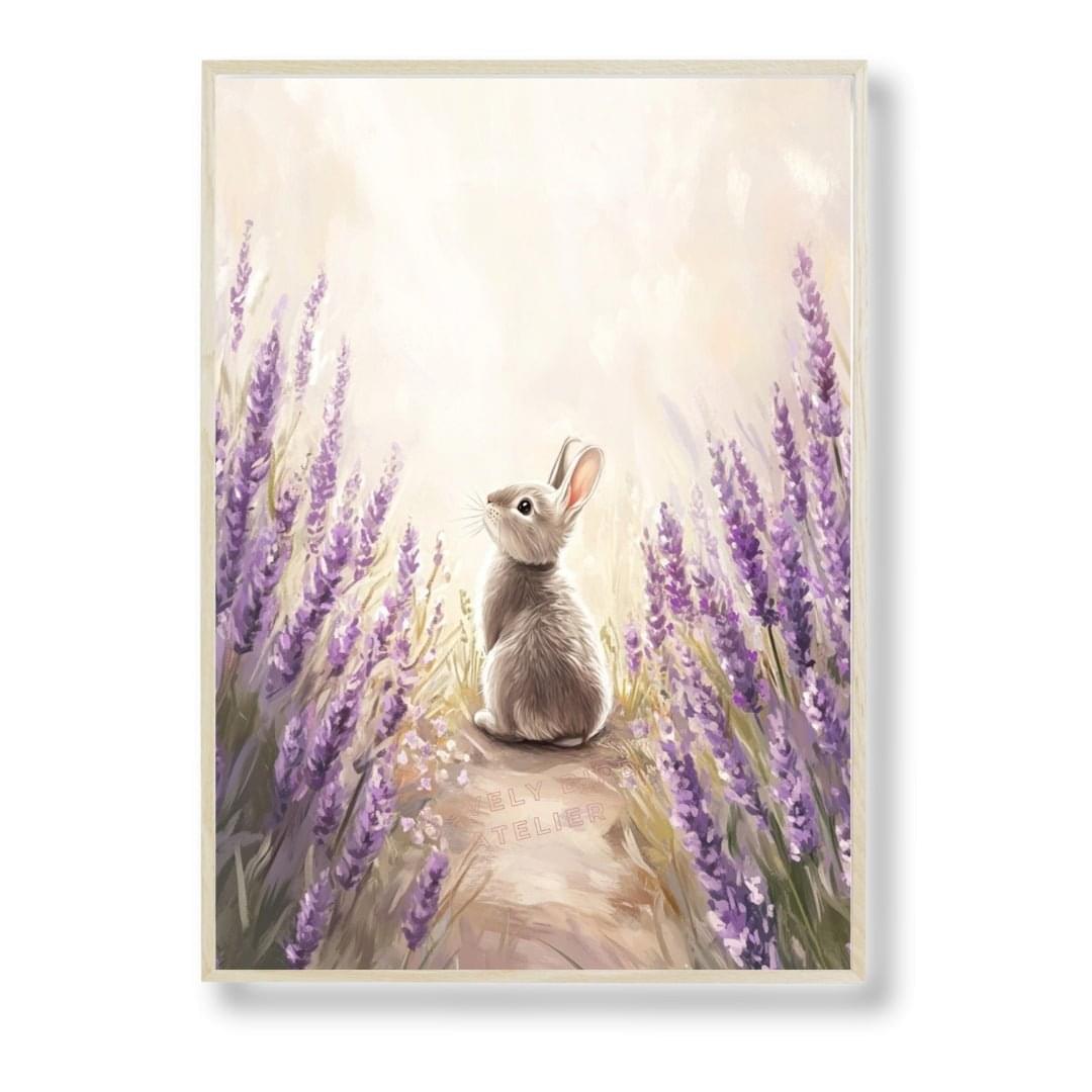 Affiche Lapin  & Lavandes  décoration murale chambre bébé enfant.