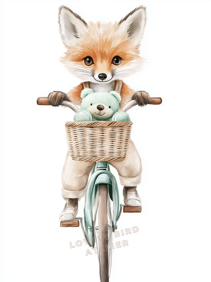Affiche Renard En Vélo décoration murale chambre bébé enfant