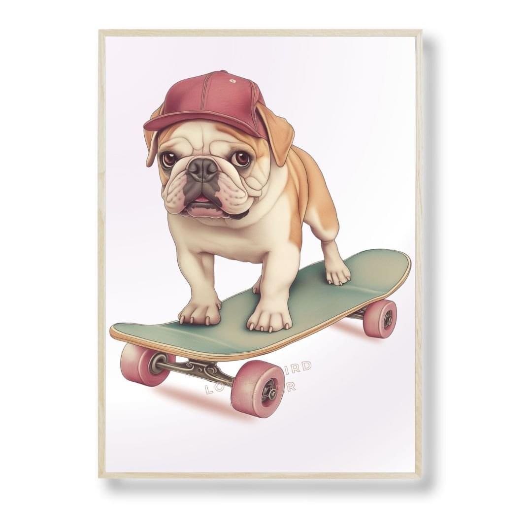 Affiche Bouledogue & Skateboard  décoration murale chambre bébé enfant.