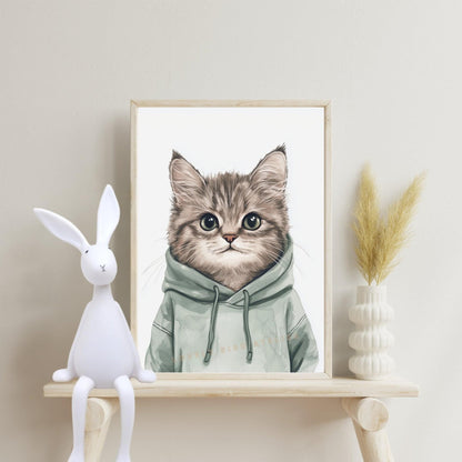 Affiche Chaton & Hoodie Sauge  décoration murale chambre bébé enfant.