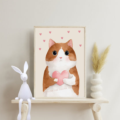 Affiche Kawaii Chat & Cœur  décoration murale chambre bébé enfant.