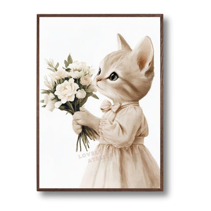 Affiche Chat &  Délicates Fleurs  décoration murale chambre bébé enfant.