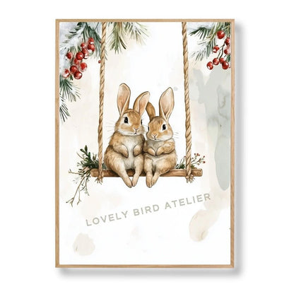 Affiche Lapins & Balançoire de Noël  décoration murale chambre bébé enfant.
