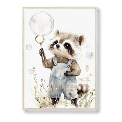 Affiche  Raton Laveur & Bulles  décoration murale chambre bébé enfant.