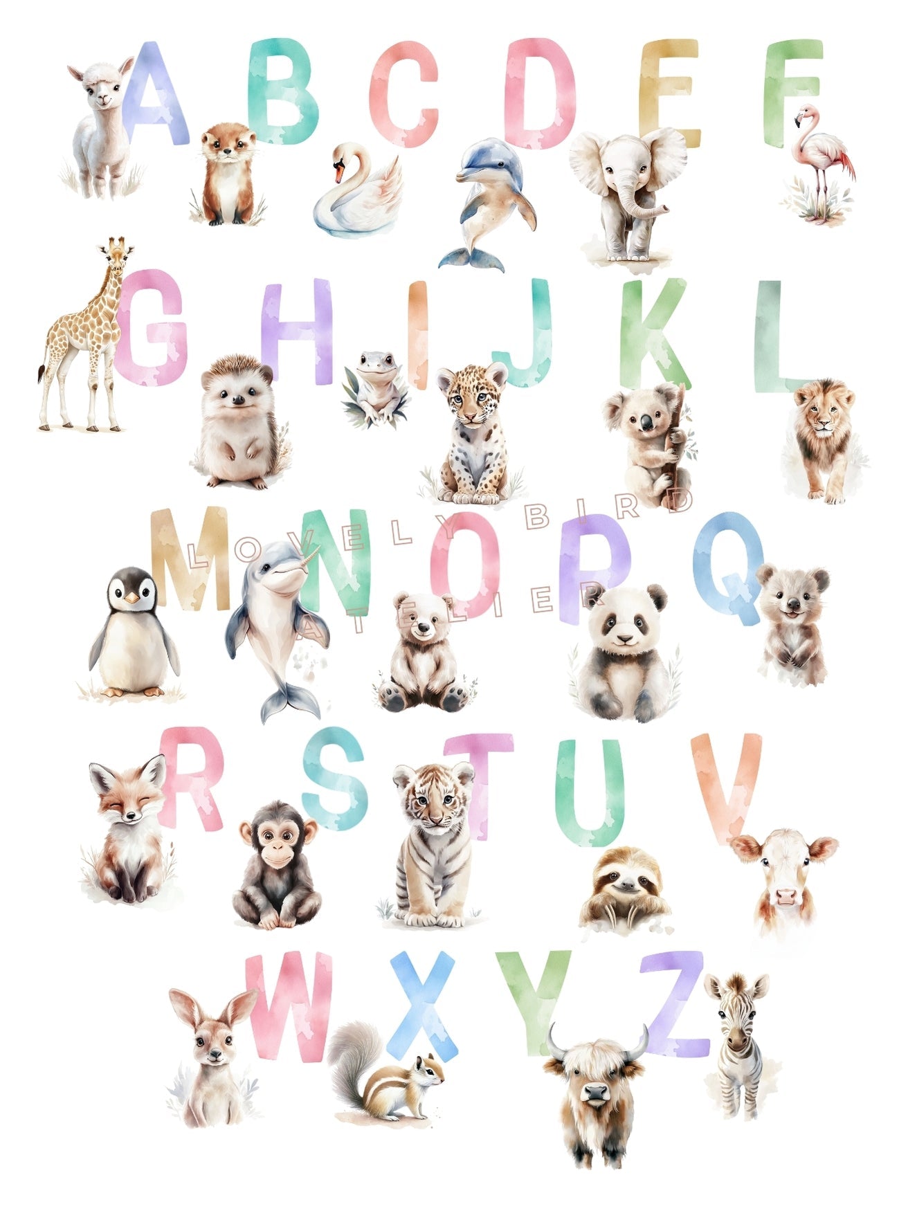 Affiche Abécédaire Animaux tout en Couleurs  décoration murale chambre bébé enfant.