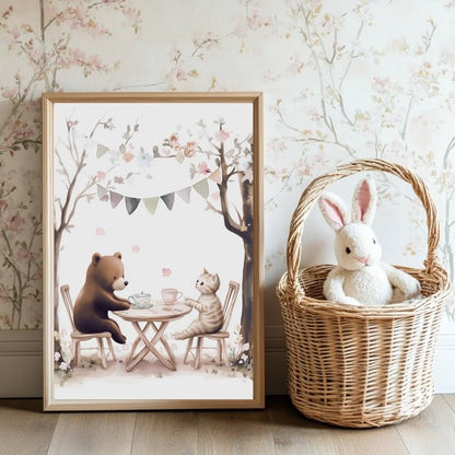 Affiche Ours & Chaton Tea Time  décoration murale chambre bébé enfant.