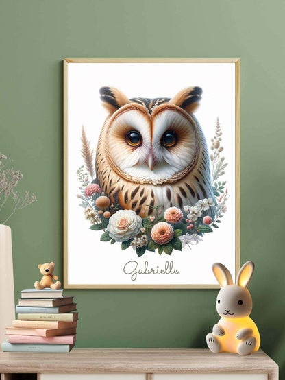 Tableau Hibou  & Fleurs  décoration murale chambre bébé enfant.