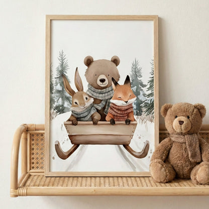 Affiche  Trio  & Luge en Forêt  décoration murale chambre bébé enfant.