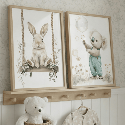 Affiche Lapin & Balancelle  décoration murale chambre bébé enfant.