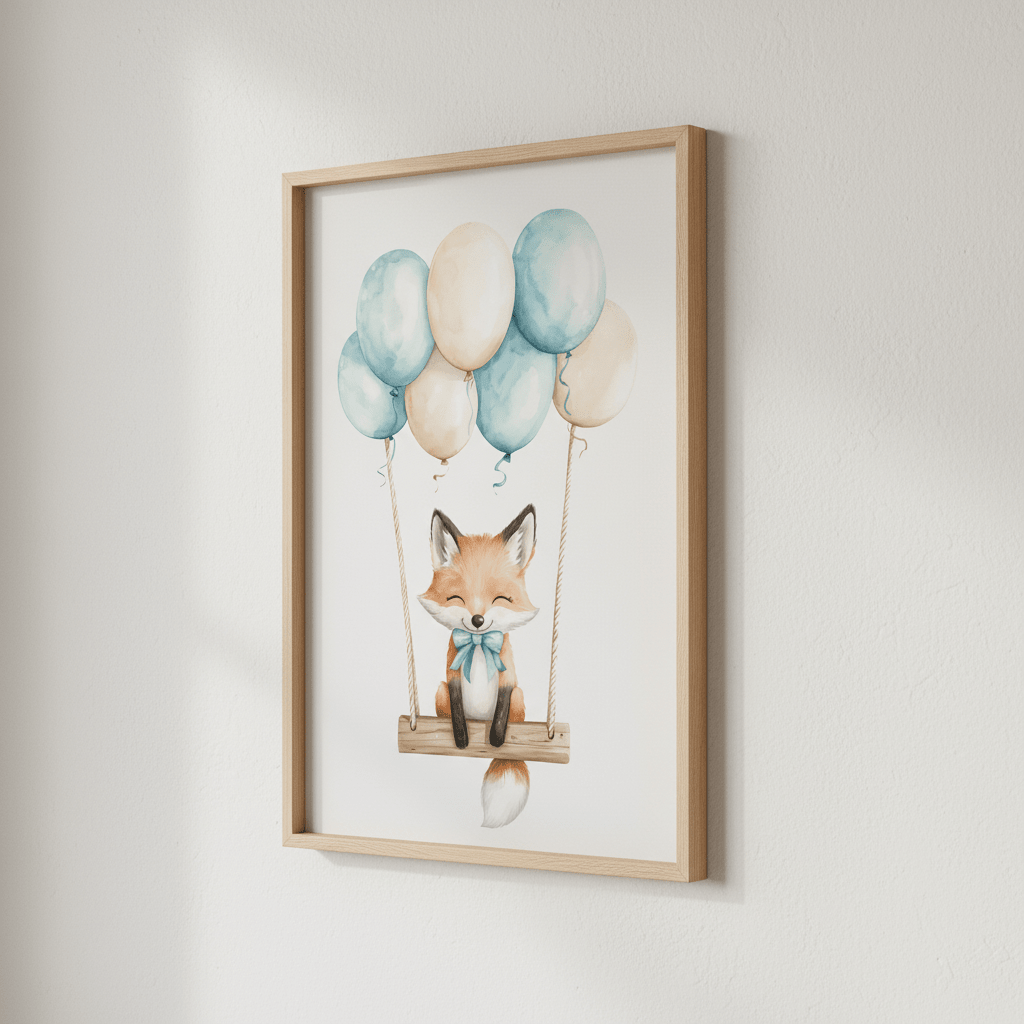 Affiche Renard & Balançoire Bleue  décoration murale chambre bébé enfant.