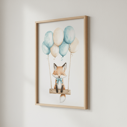 Affiche Renard & Balançoire Bleue  décoration murale chambre bébé enfant.
