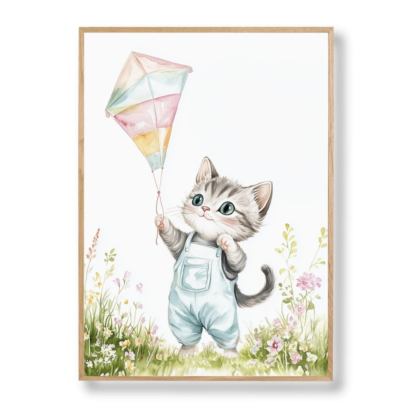 Chat & Cerf-Volant – Vol au Gré du Vent  décoration murale chambre bébé enfant.