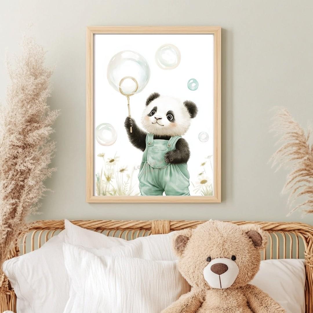Tableau Panda & Bulles  décoration murale chambre bébé enfant.