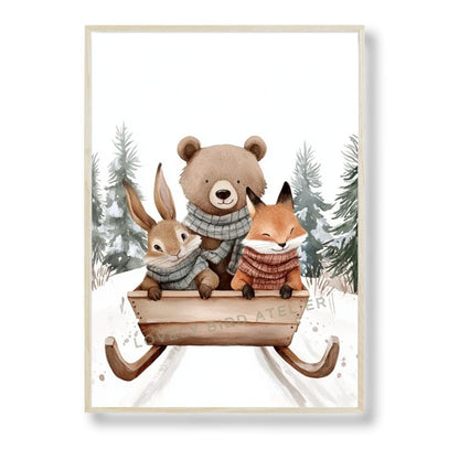 Affiche  Trio  & Luge en Forêt  décoration murale chambre bébé enfant.