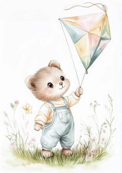 Affiche Ourson & Cerf-Volant  décoration murale chambre bébé enfant.