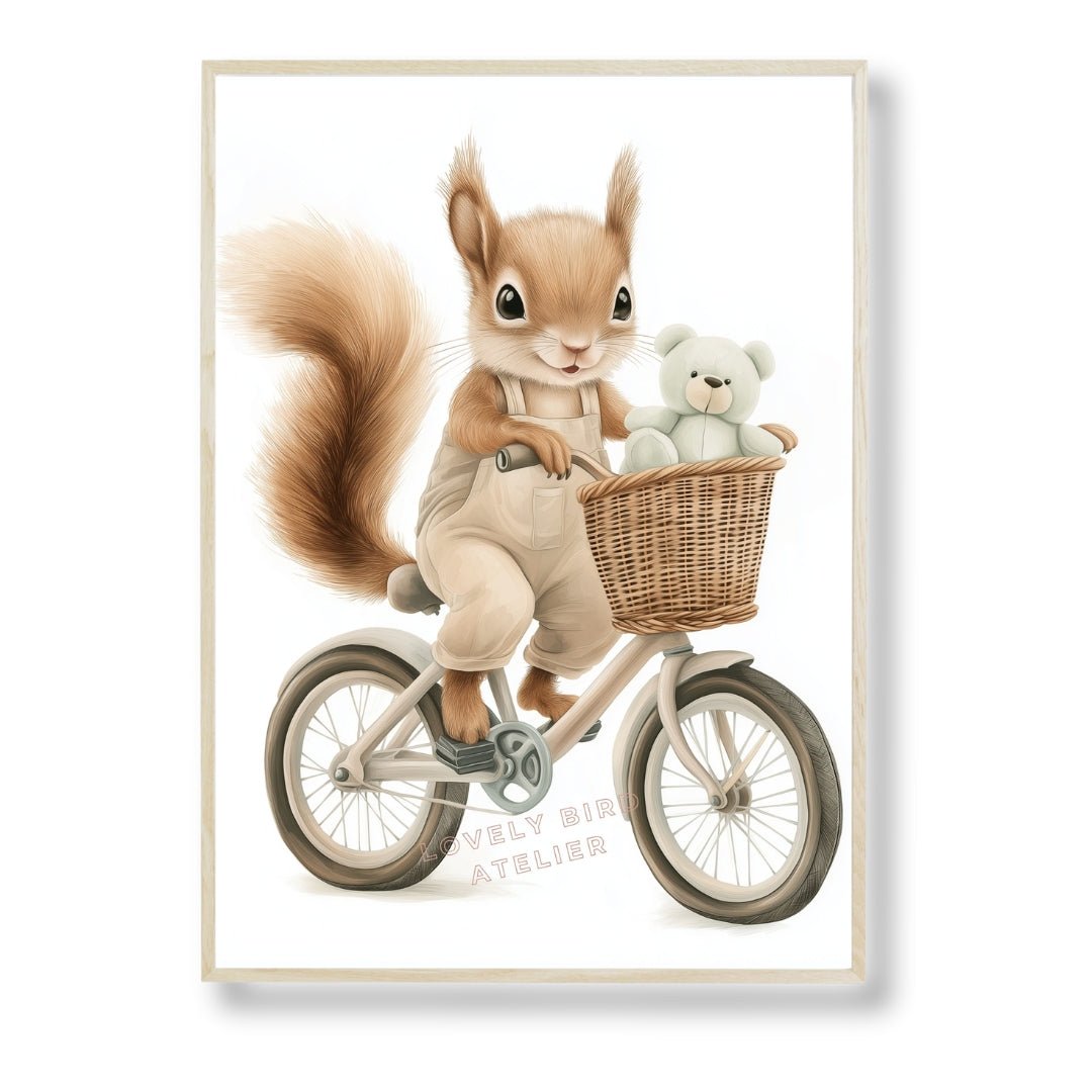 Affiche Ecureuil & Bicyclette décoration murale chambre bébé enfant