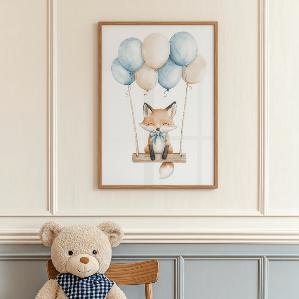 Affiche Renard & Balançoire Bleue  décoration murale chambre bébé enfant.