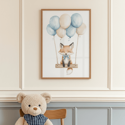 Affiche Renard & Balançoire Bleue  décoration murale chambre bébé enfant.