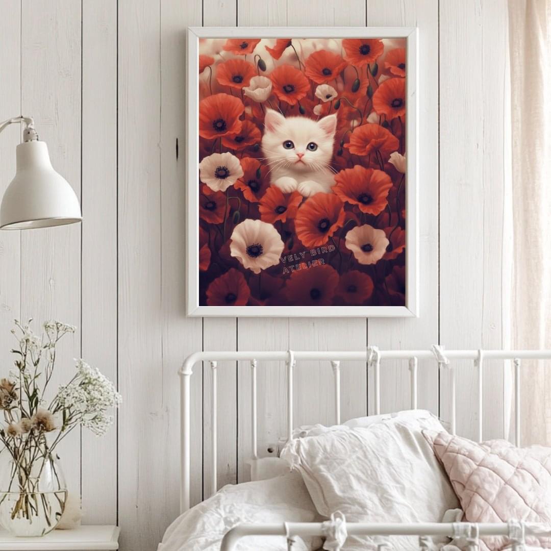 Affiche Chat &  Coquelicots  décoration murale chambre bébé enfant.