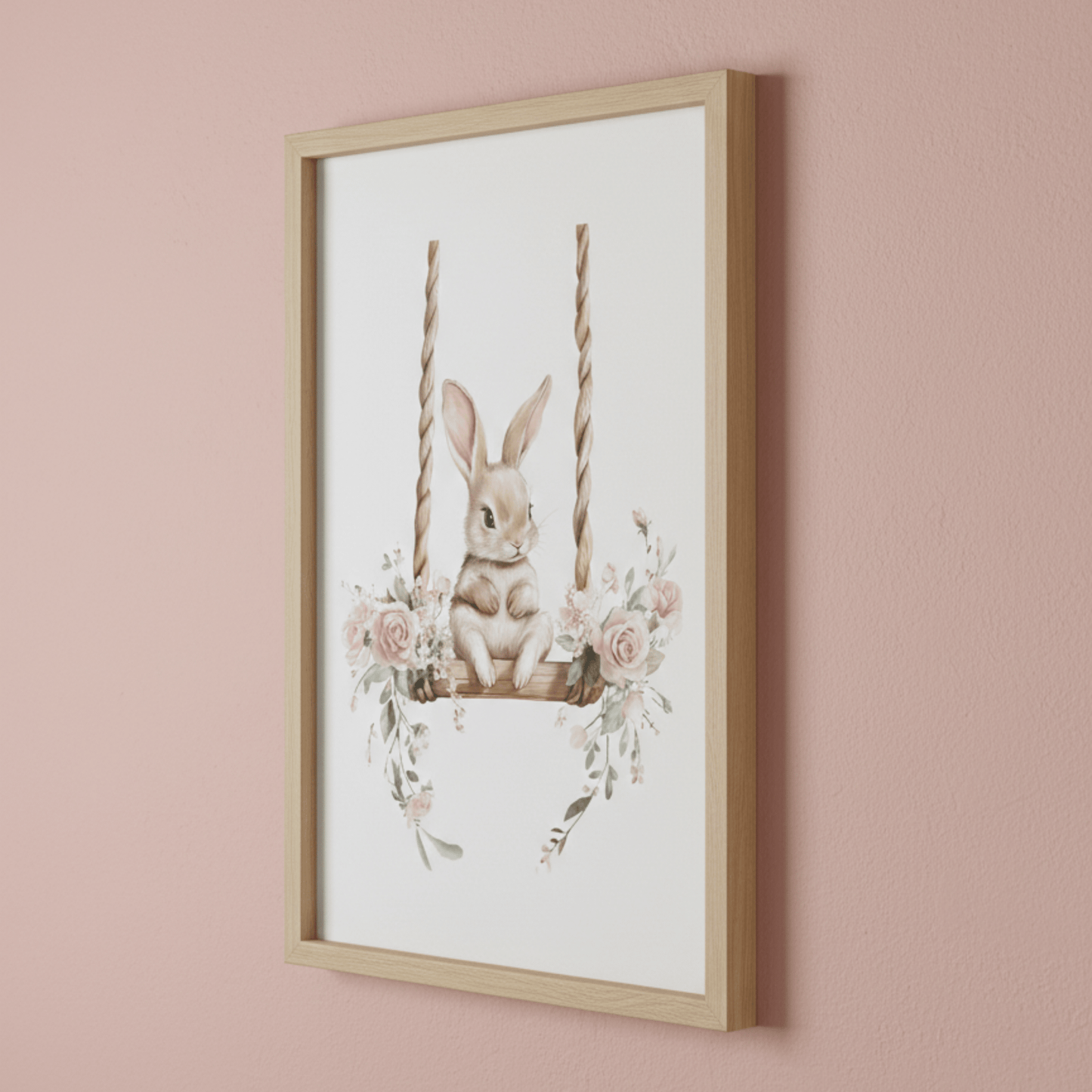 Affiche - Lapin sur Balançoire printanière  décoration murale chambre bébé enfant.