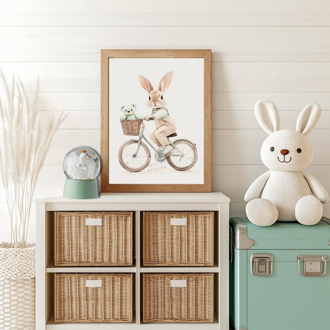 Affiche Lapin & Bicyclette  décoration murale chambre bébé enfant.