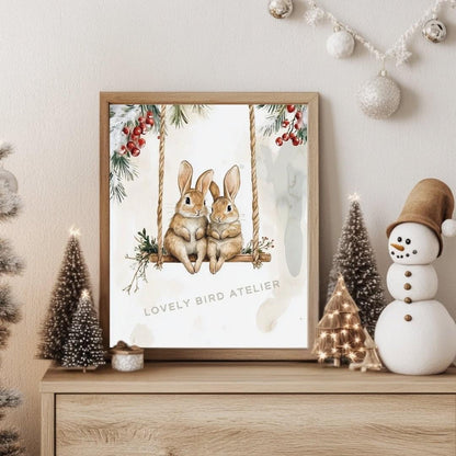 Affiche Lapins & Balançoire de Noël  décoration murale chambre bébé enfant.