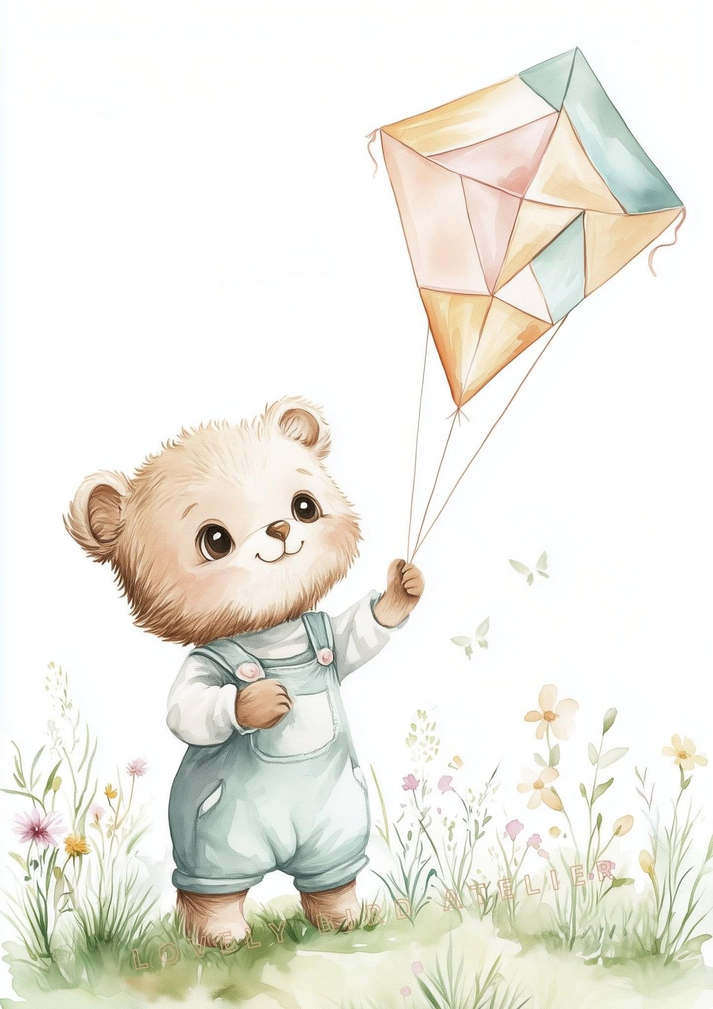 Affiche Ours & Cerf-Volant  décoration murale chambre bébé enfant.