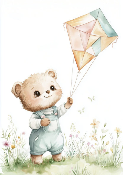 Affiche Ours & Cerf-Volant  décoration murale chambre bébé enfant.