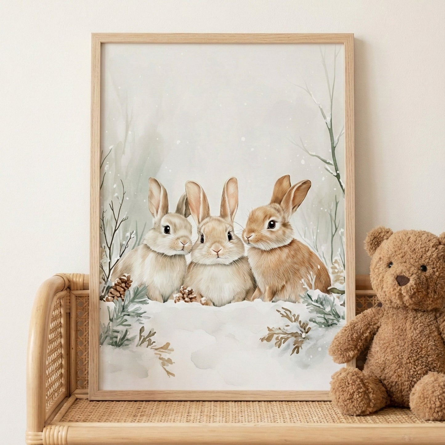 Affiche Trio Lapins & Neige décoration murale chambre bébé enfant