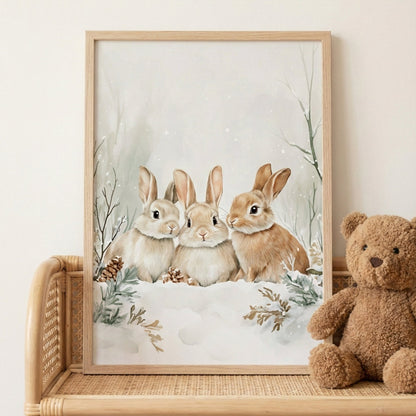 Affiche Trio Lapins & Neige décoration murale chambre bébé enfant