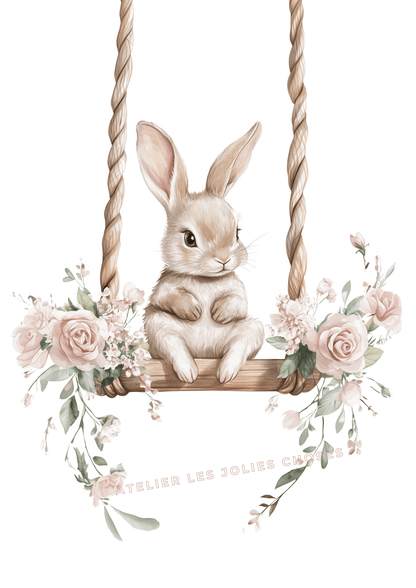 Affiche - Lapin sur Balançoire printanière  décoration murale chambre bébé enfant.