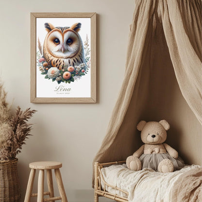 Tableau Hibou  & Fleurs  décoration murale chambre bébé enfant.