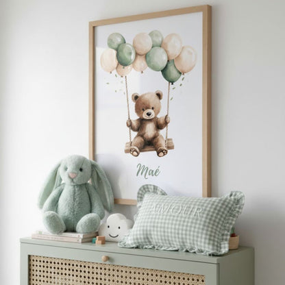Affiche  Ours & Balançoire  décoration murale chambre bébé enfant.