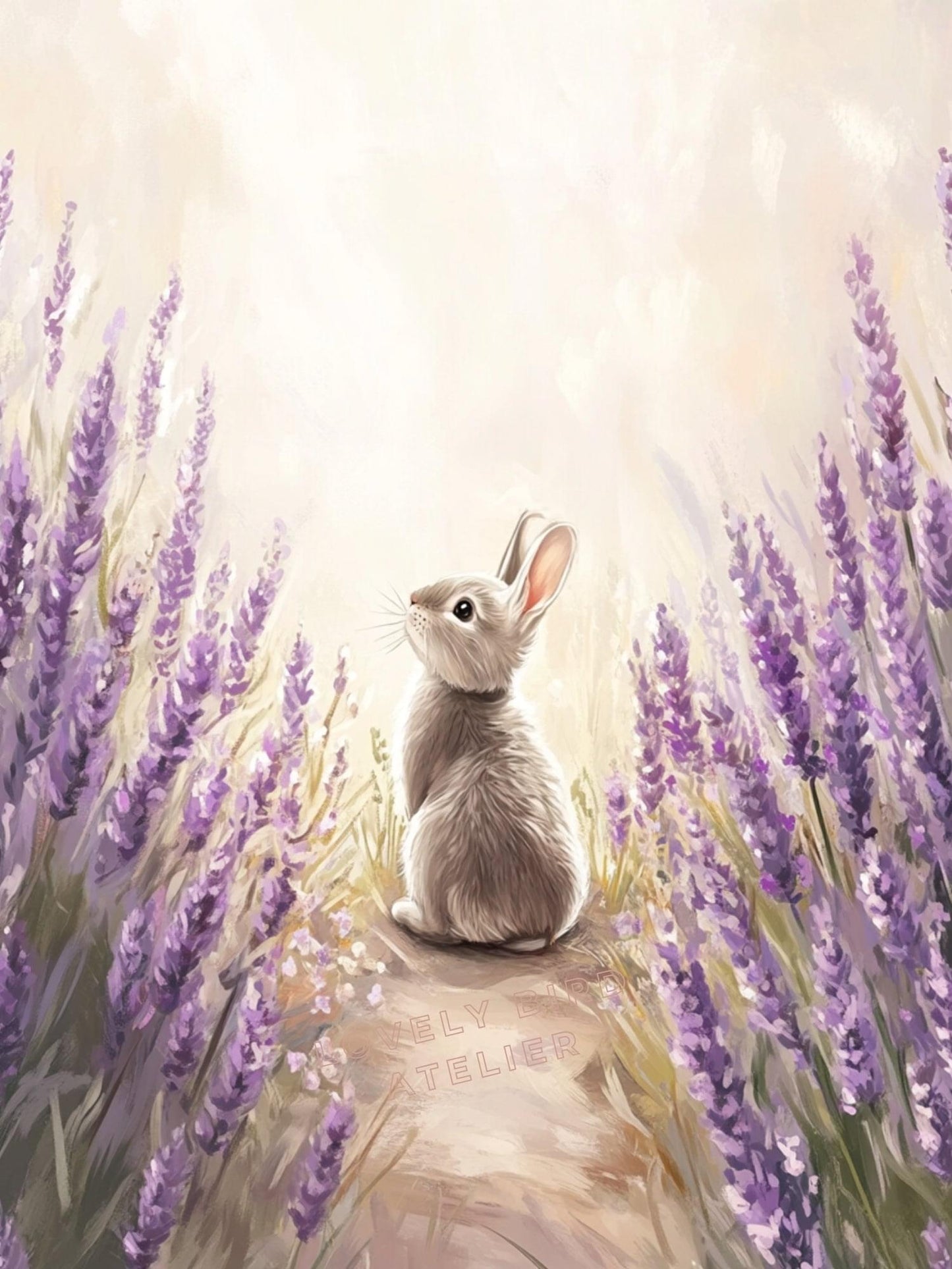 Affiche Lapin  & Lavandes  décoration murale chambre bébé enfant.