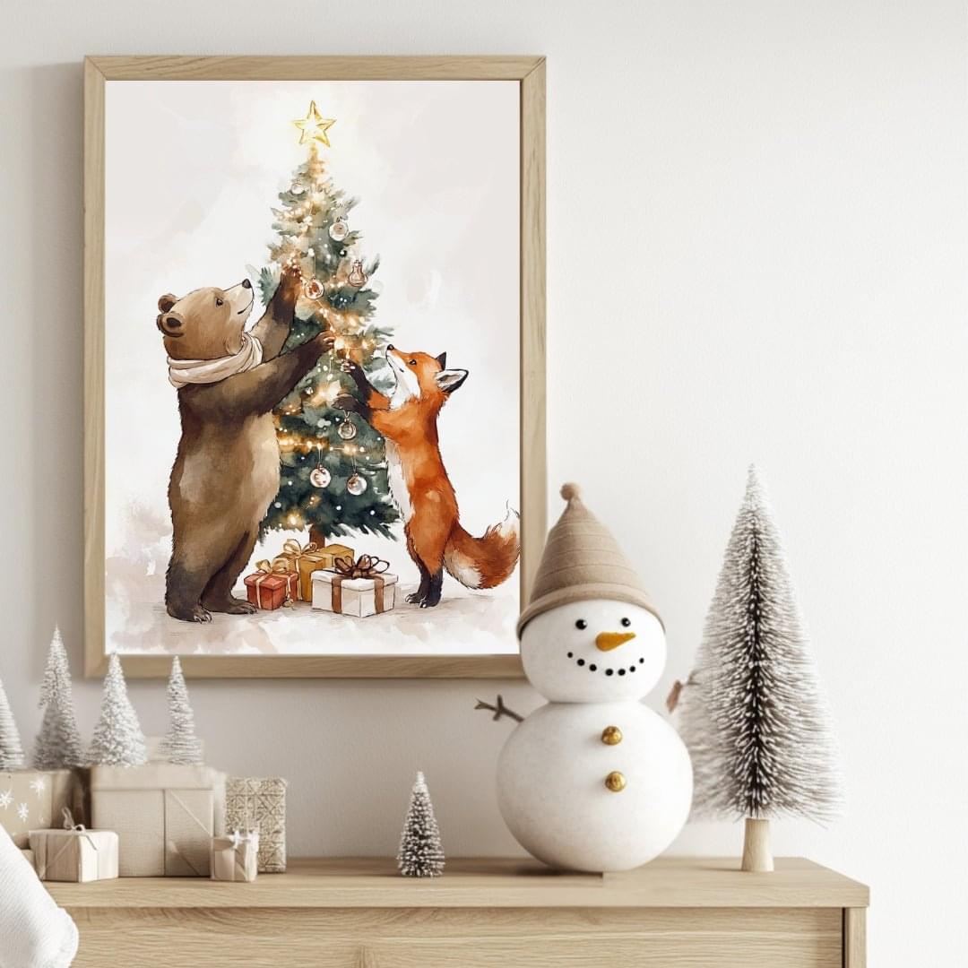 Affiche  Renard & Ours - Décor de Noël  décoration murale chambre bébé enfant.