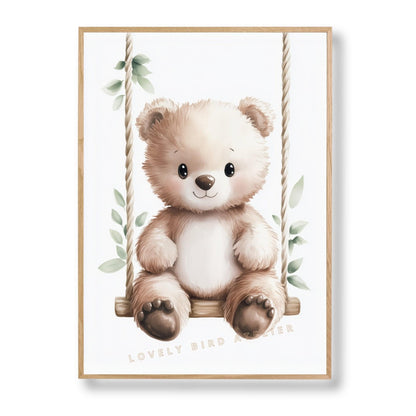 Affiche Ours & Balançoire Végétale  décoration murale chambre bébé enfant.