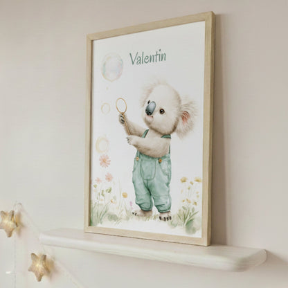 Affiche  Koala & Bulles  décoration murale chambre bébé enfant.