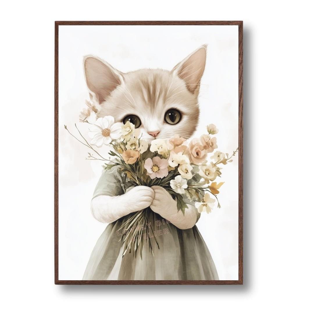 Affiche Chat &  Bouquet  décoration murale chambre bébé enfant.