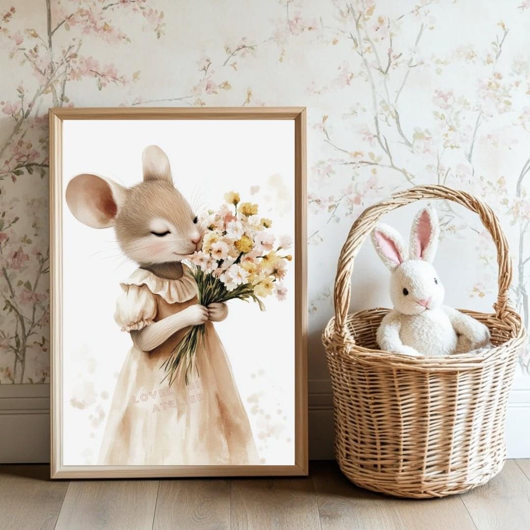 Affiche Souris & Fleurs  décoration murale chambre bébé enfant.