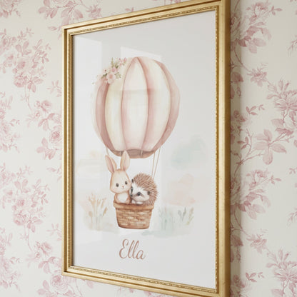Affiche Lapin - Hérisson & Montgolfière  décoration murale chambre bébé enfant.