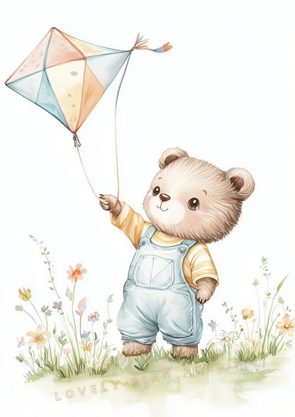 Affiche Joli Ourson & Cerf-Volant  décoration murale chambre bébé enfant.