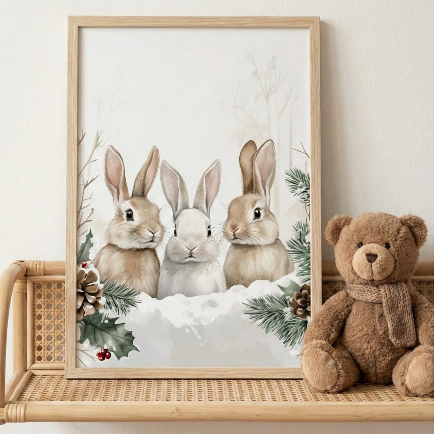 Affiche Trio Lapins & Hiver  décoration murale chambre bébé enfant.